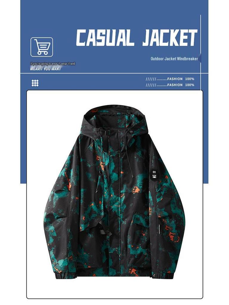 Men's 2025 Spring Korean Style Slim Hooded Jacket with Epaulettes - Versatile Outdoor Youth Outerwear