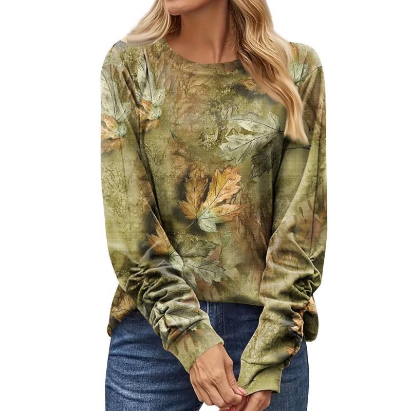 Dámské 3D tričko s potiskem suchého listí, módní tričko s dlouhým rukávem a kulatým výstřihem, běžný top, sváteční víkend, jaro a podzim