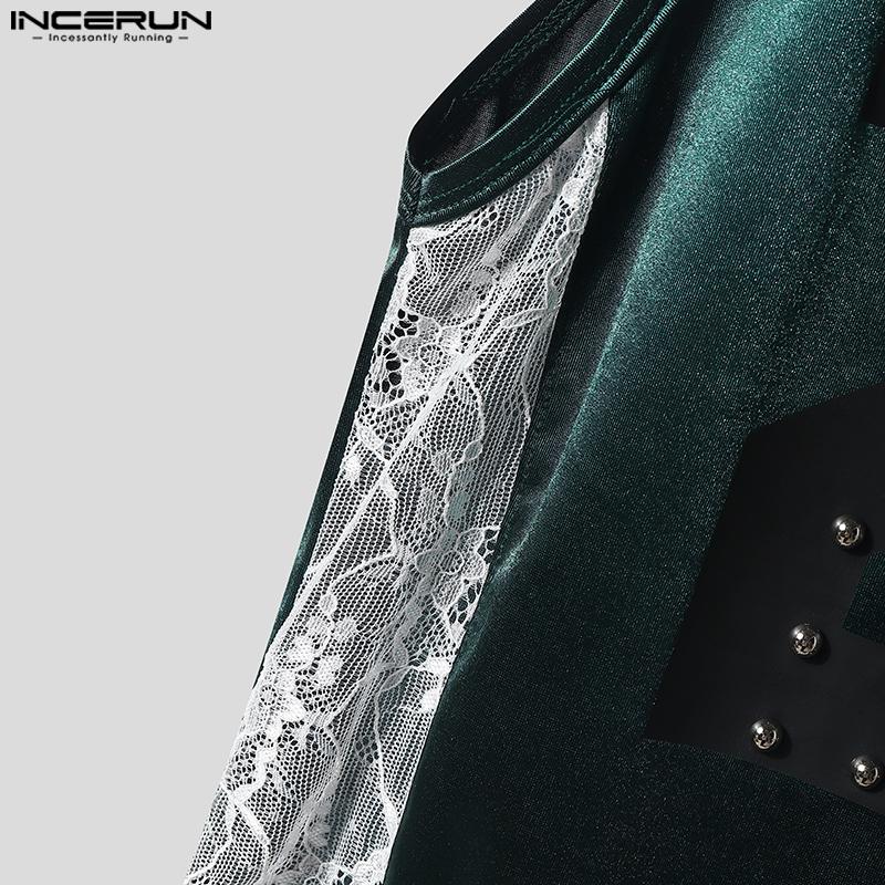 INCERUN Men O Neck Sleeveless Letter Print Lace Patchwork Cropped Irregular Tank Tops