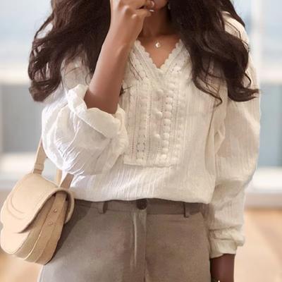 Sommermode Elegante Damen Spitzenbluse Neu Langarm Büro V-Ausschnitt Locker Lässiges Hemd Damen Einfach Frühling Herbst Weibliche Oberteile Damenbekleidung