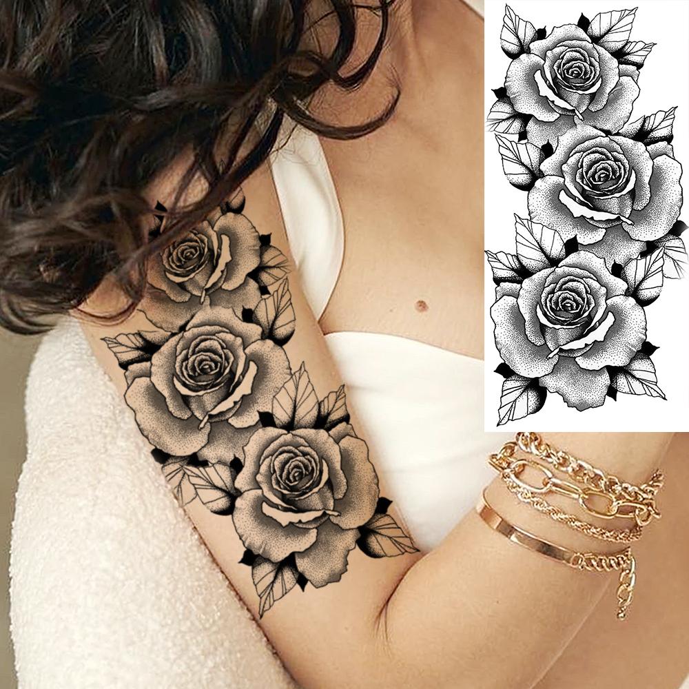 1 Sheet Black Flower Temporary Tattoos For Women Girls Realistic Fake Flora Floral Peony Tattoo Sticker Body Art Painting Decal