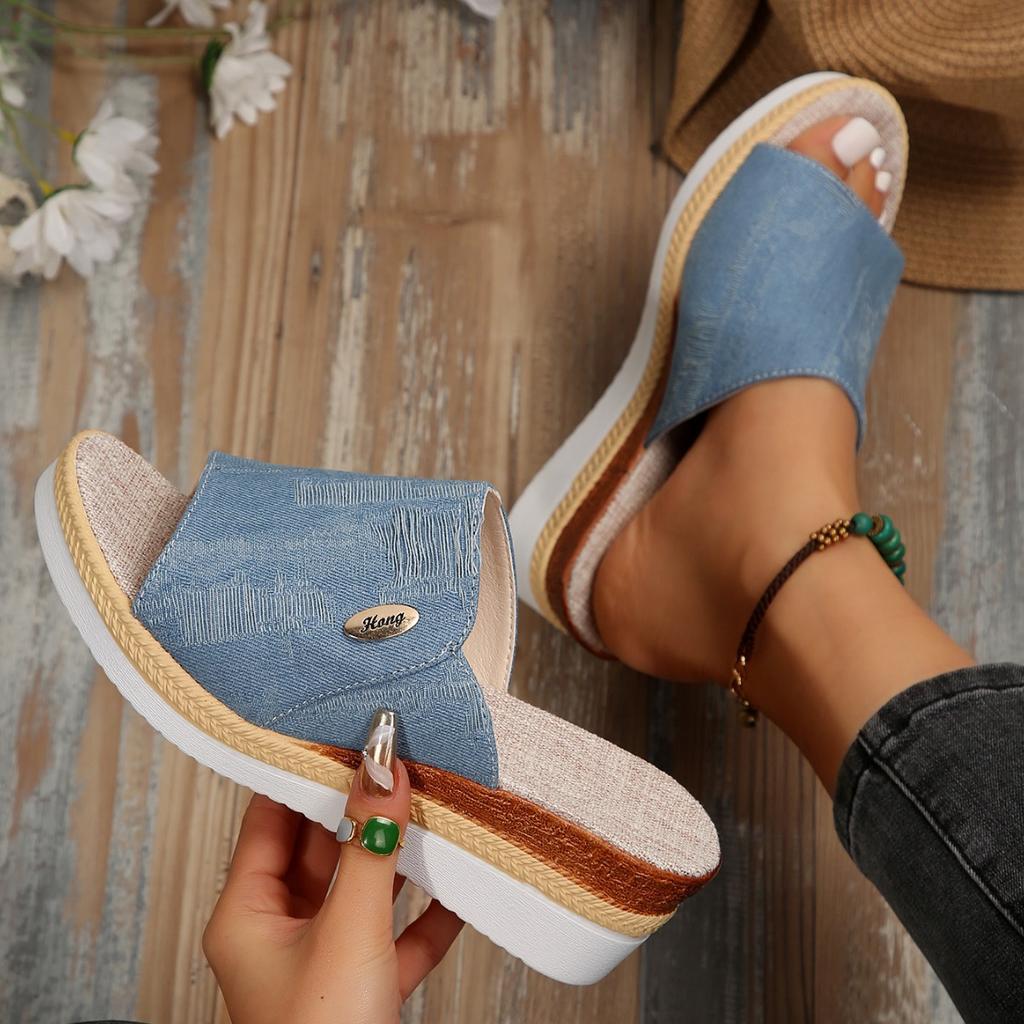 Wedge heel slippers women's thick bottom medium heel casual beach fish mouth cool slippers