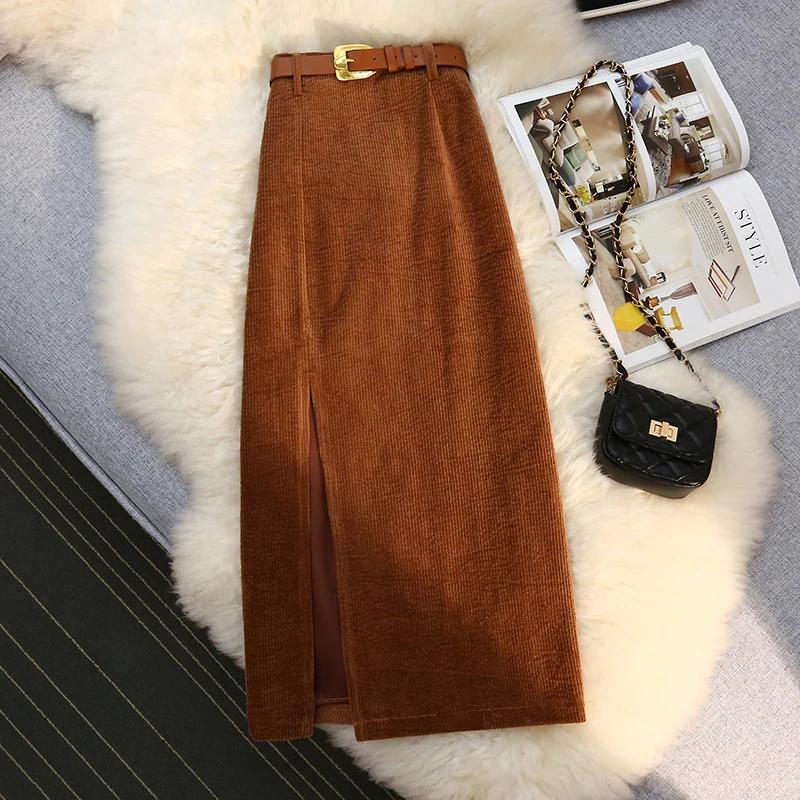 Autumn Winter Corduroy Women's Skirts with Belted High Waist Straight Classic Front Split Skirts Ladies Female