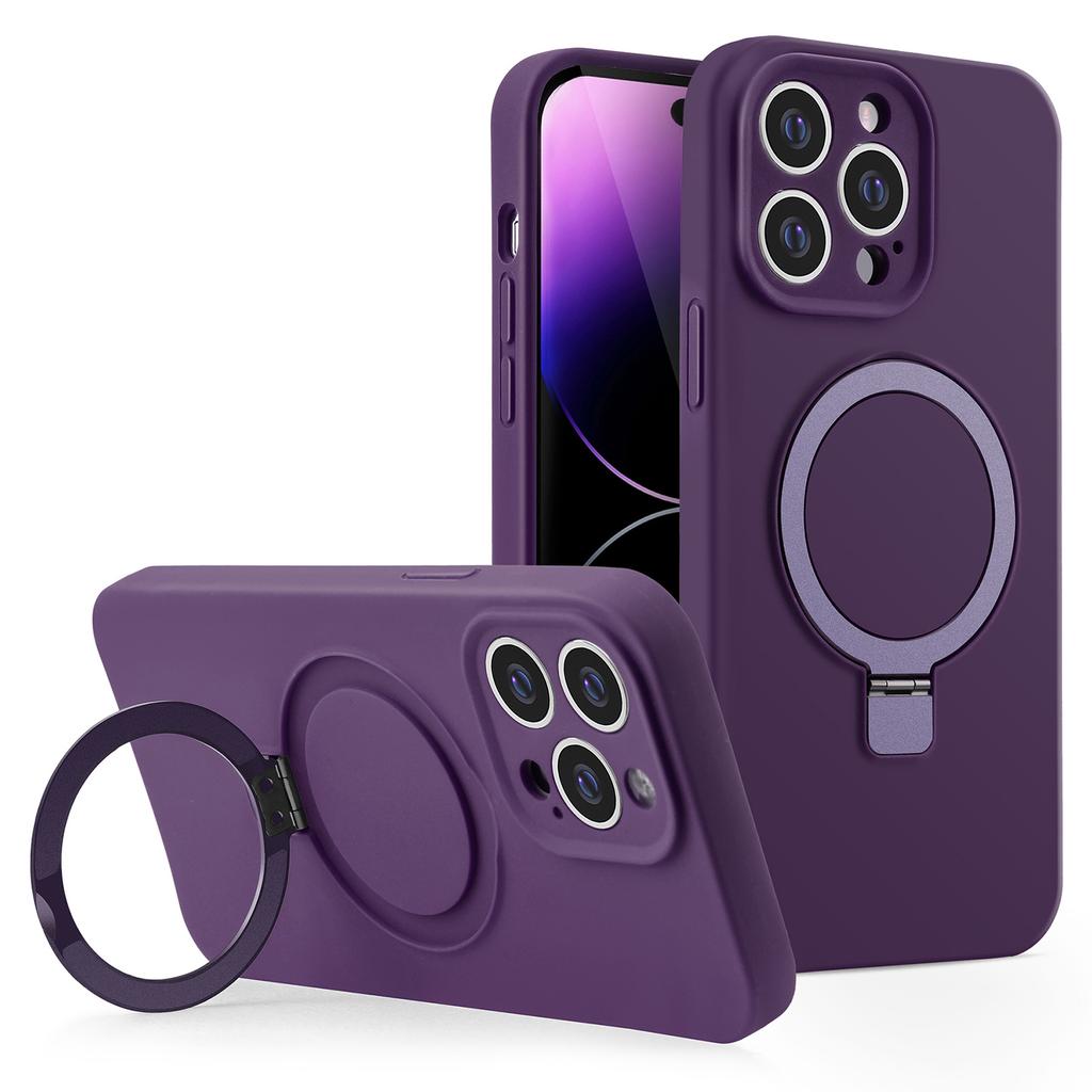 For iPhone 15 Pro Magnetic Case Liquid Silicone Phone Cover Built-In Kickstand Ring Holder