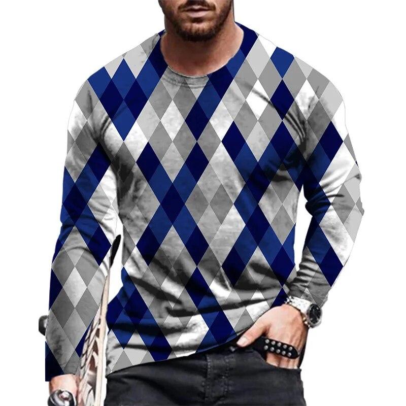 Simple Vintage Pattern 3d Print Men's O-Neck T-shirt Casual Long Sleeve Oversized Pullover Fashion T-shirt Men Clothing