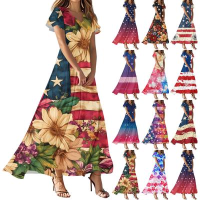 Women's Independence Day Printed Casual Fashion Dresses V-Neck Short Sleeve Dresses
