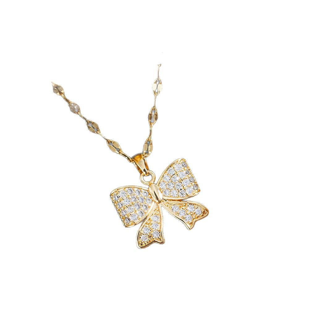 Korean Rhinestone Bow Necklace: Luxurious Zirconia Copper Pendant, Versatile Butterfly Clavicle Chain for Women