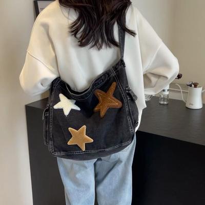 Large Capacity Denim Bag Women's Shoulder Bag Commuter Tote Bag Star Print Crossbody Bag