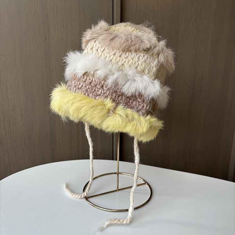 Dopamine contrasting color rabbit hair knitted wool hat children autumn and winter warm plush fashion versatile washbasin hat