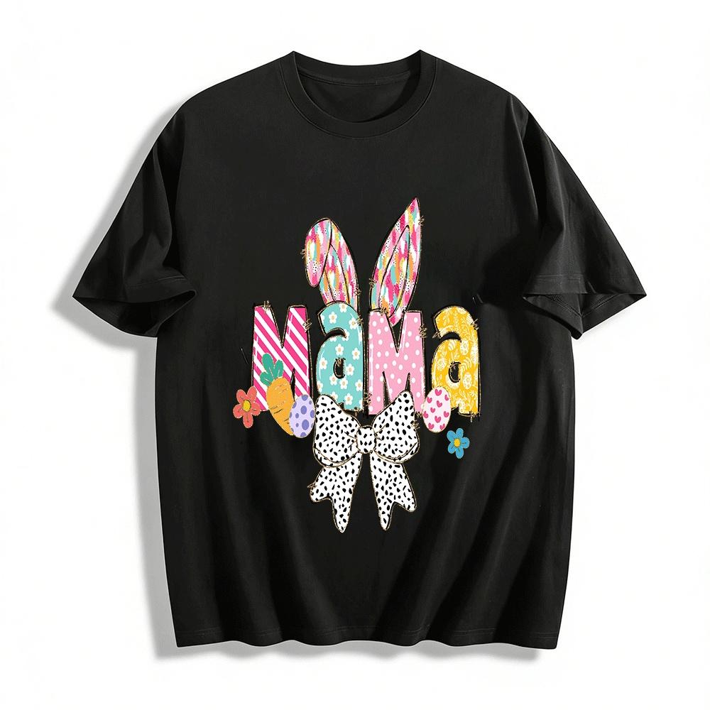 

Easter Themed Bunny Ear MAMA Print Casual Top For Mom Pure cotton T-shirt 6XL
