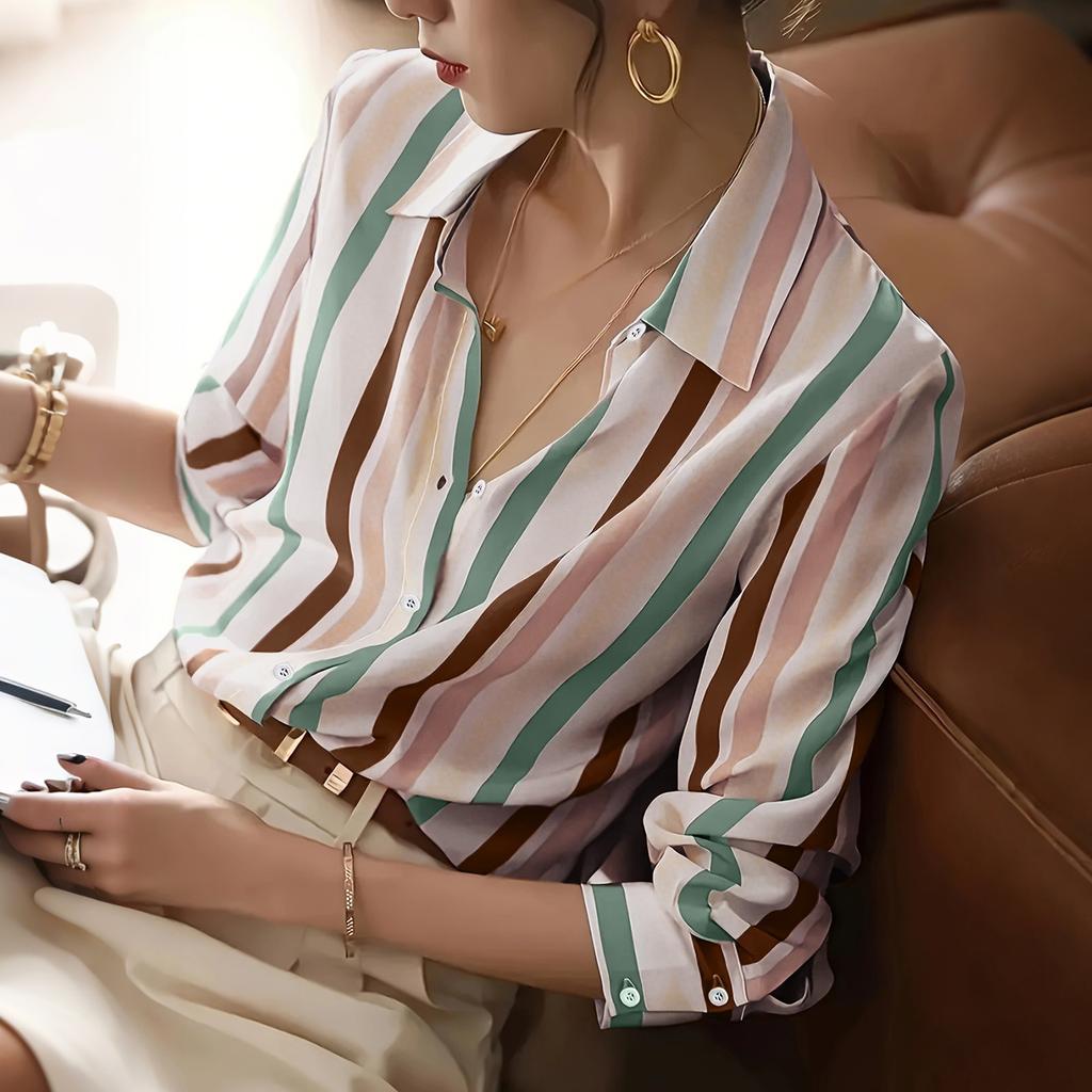 Ladies' Temperament Lapel Contrast Stripe Print Shirt