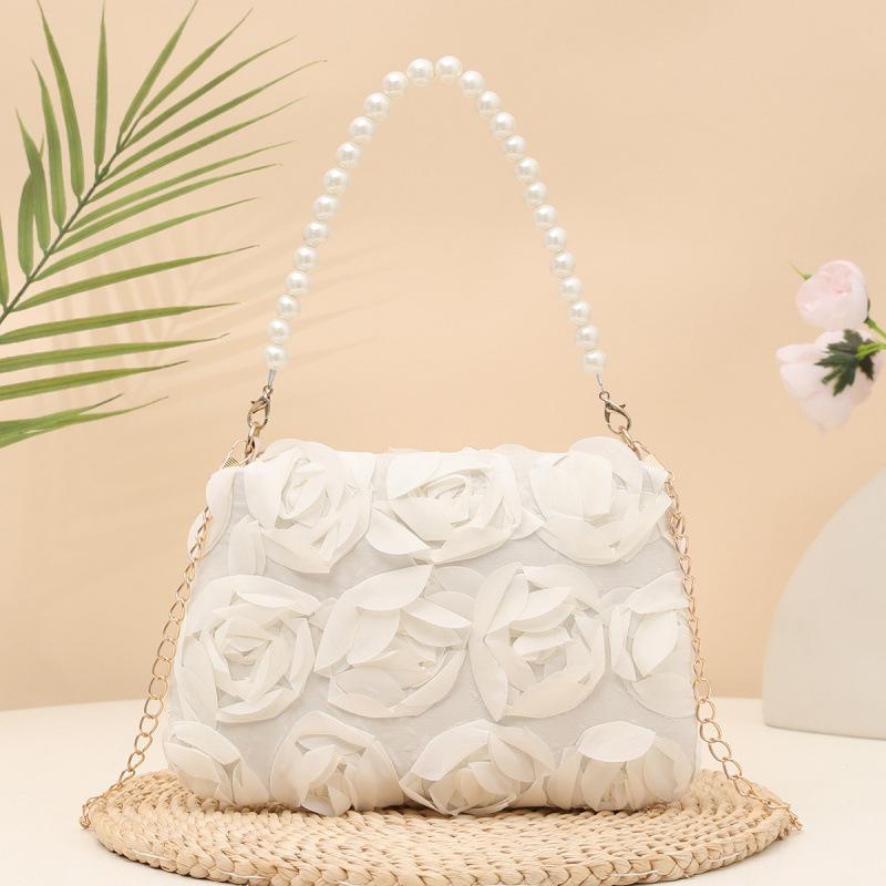 Elegant Women 3D Rose Floral Shoulder Bag Romantic Flower Pattern Pearl Handle Detachable Chain for Prom Graduation