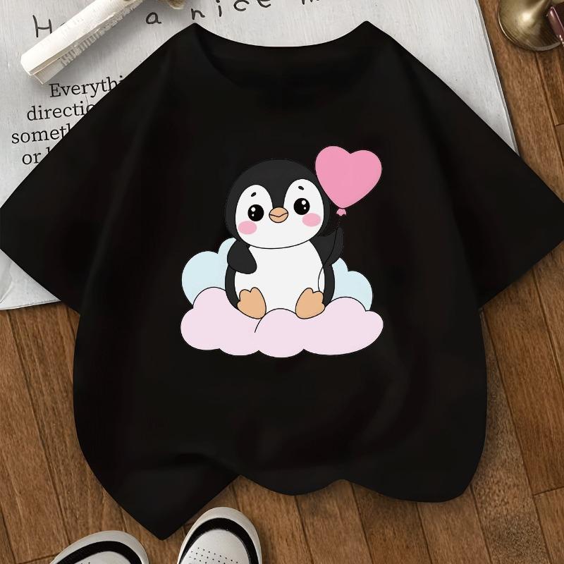 Kids Cute Penguin Heart Balloon Cloud Print Crewneck Tee
