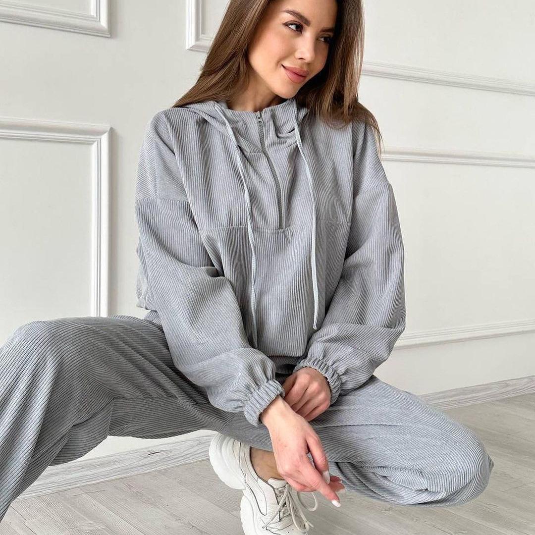 

Женский однотонный костюм с капюшоном и длинным рукавом, свободный топ, широкие брюки, осень-зима XL светло-серый