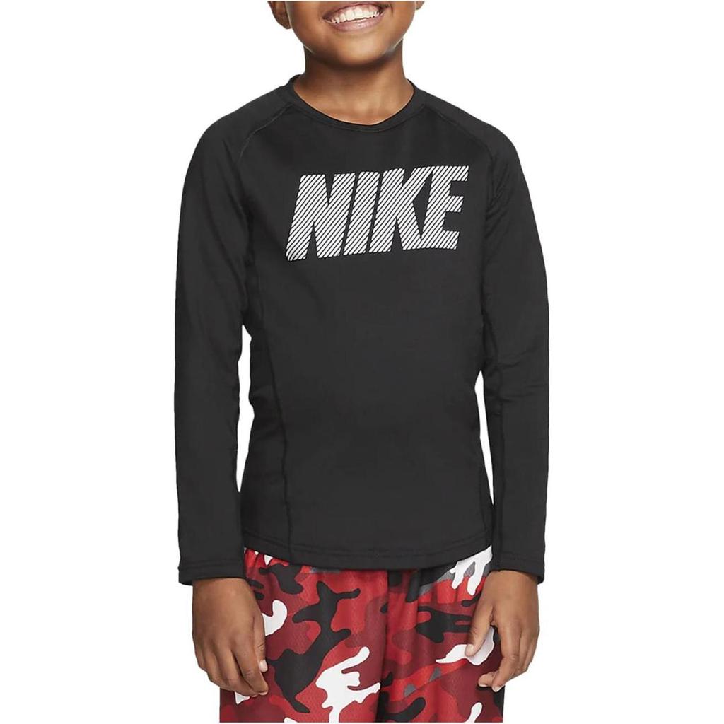 Nike חולצת טי לילדים עם הדפס לוגו גדול, צווארון עגול, שרוולים ארוכים, צבע שחור BV4404