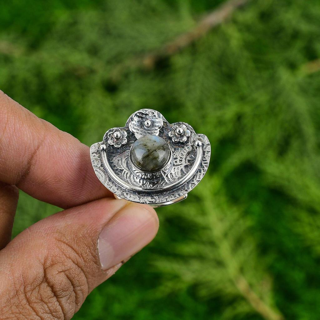 Gift For Women Promise Flower Adjustable Ring 925 Silver Natural Labradorite