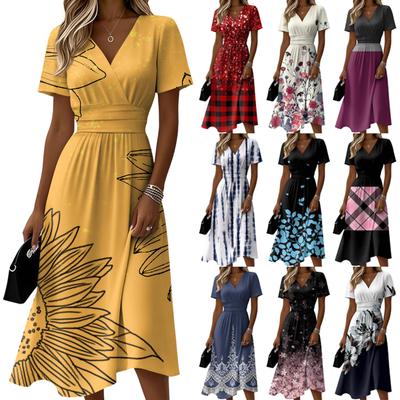 Ladies' Floral Casual Fashionable Short Sleeved V-neck Dress