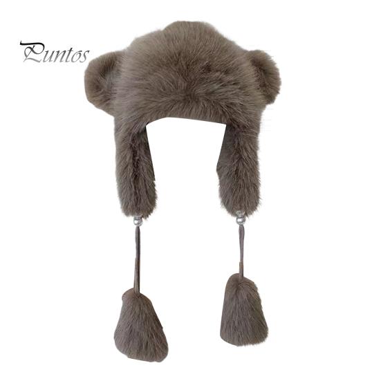 

Женская зимняя шапка из толстого плюша с декором для ушей, двухслойная утолщенная однотонная плюшевая шапка с декором в виде мяча, защищающая уши от ветра для катания на лыжах и сноуборде коричневый/серый