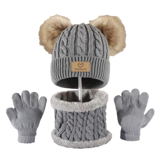 Yousheng 3Pcs/Set Kids Winter Hat Scarf Gloves Set Two Plush Ball Decor Twist Texture Brimless Hat Knitting Gloves Fleece Lining Neck Gaiter Set