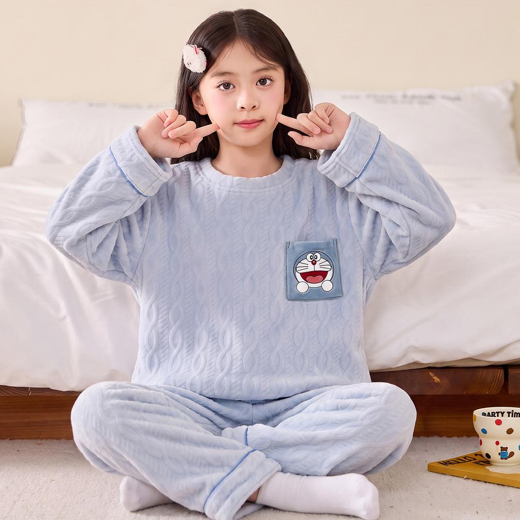Kids Flannel Pajamas Set Boys Girls Warm Long Sleeve Top And Pants Sleepwear Winter Home Nightwear