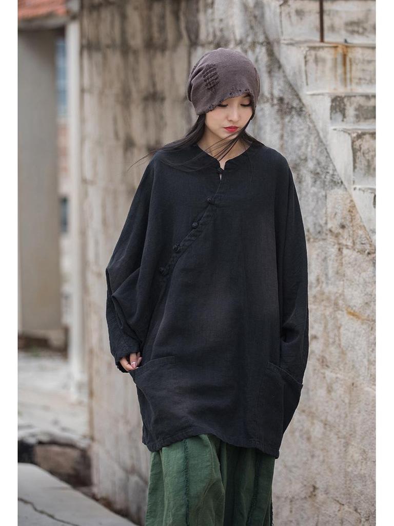 Ramie Cotton Sand-Washed Distressed Women’s Frog Button Top Jacket - Autumn/Winter Chinese Style