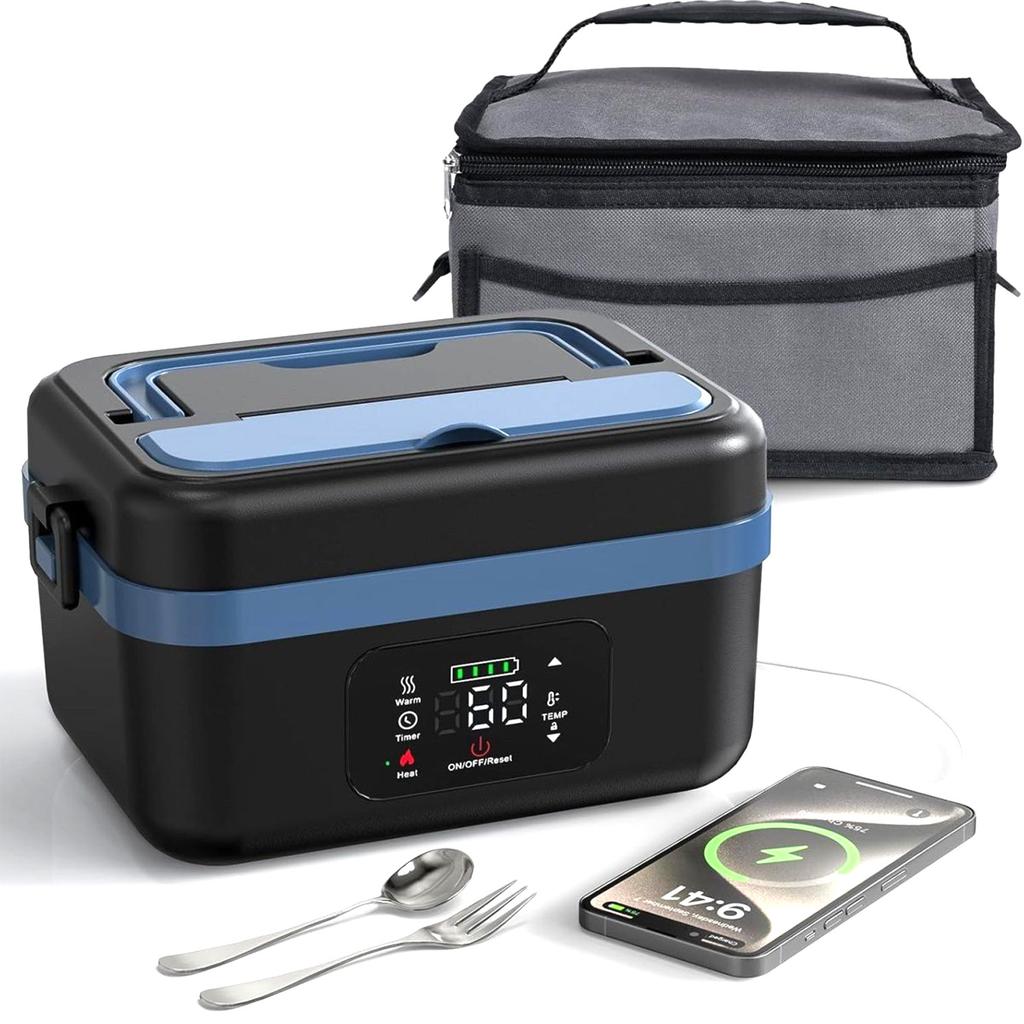Cordless Electric Lunch Box,8000mAh Self-heating Food Warmer with Power Bank & Smart Timer, 60W Fast Heating Leak-proof Heated Lunch Box