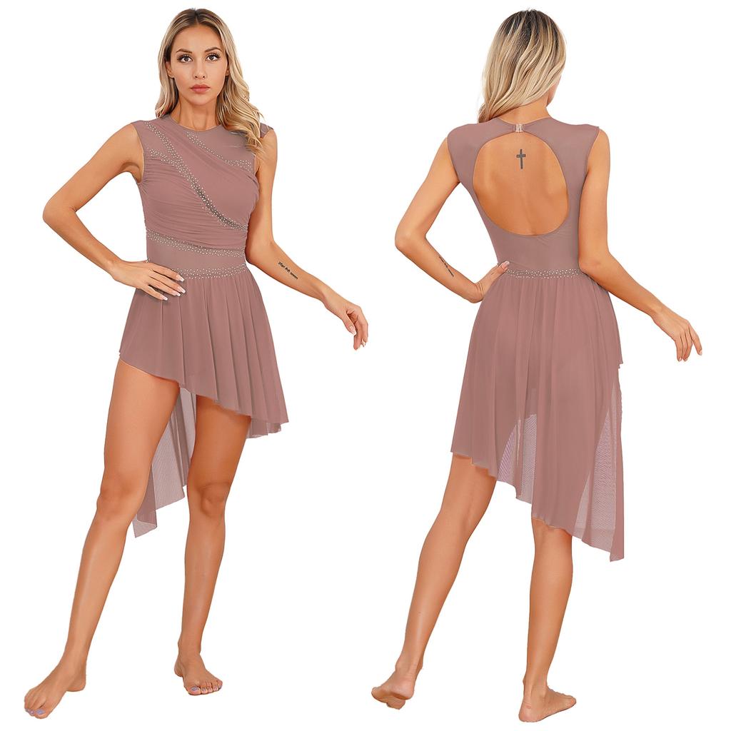 Frauen Lyrical Dance Kleid Strass Sheer Mesh Tüll Flowy Trikot Eiskunstlauf Tanz Kostüm