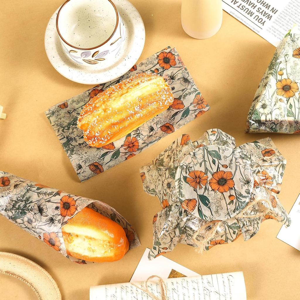 150 Sheets Orange Wildflower Garden Floral Wax Paper for Food Deli, 9.8'' x 8.3'' Retro Floral Greaseproof Deli Paper for Sandwich Picnic Basket