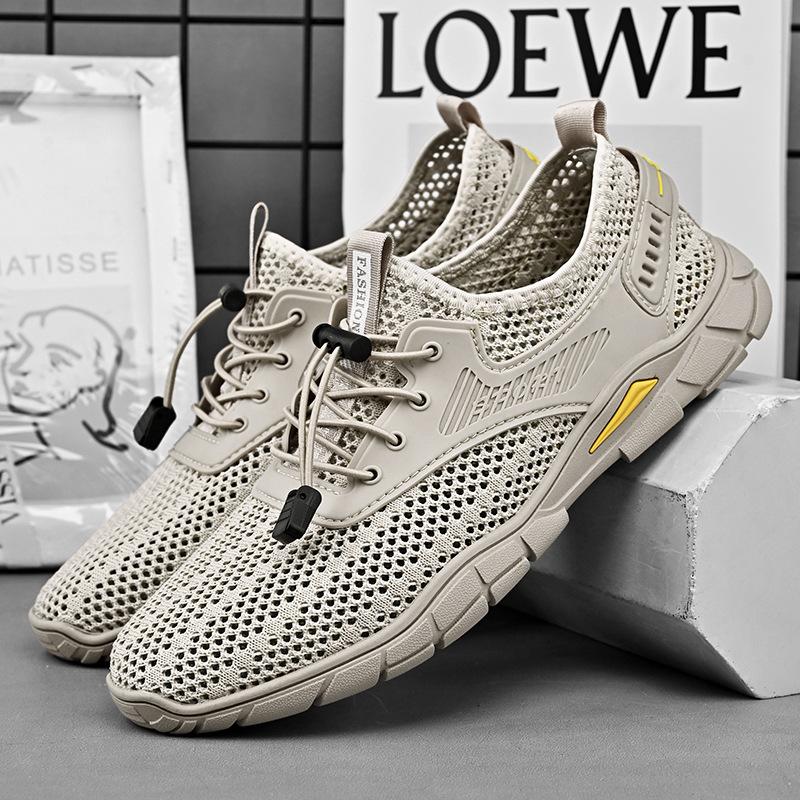 

New summer mesh shoes men s breathable sports daily casual mesh shoes hollow lightweight overalls leather shoes 48 бежевый