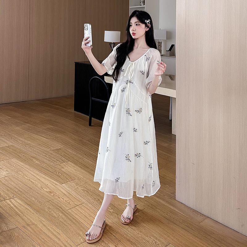 2026 Summer V-neck Slimming Maternity Dress with French Embroidery & Bowknot Extra Large