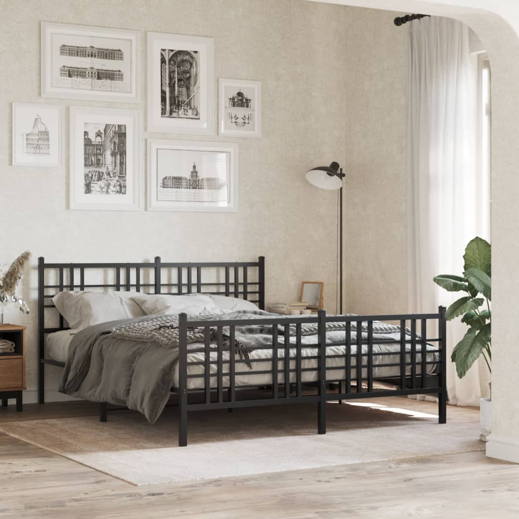 Metal Bed Frame with Headboard and Footboard Black 150 X 200 Cm