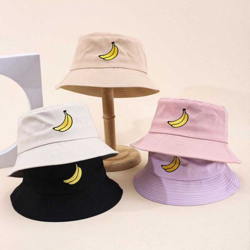 Cappello a secchiello con ricamo di banana cartone animato estivo da donna, Cappello alla moda pieghevole, Nuovo cappello da sole