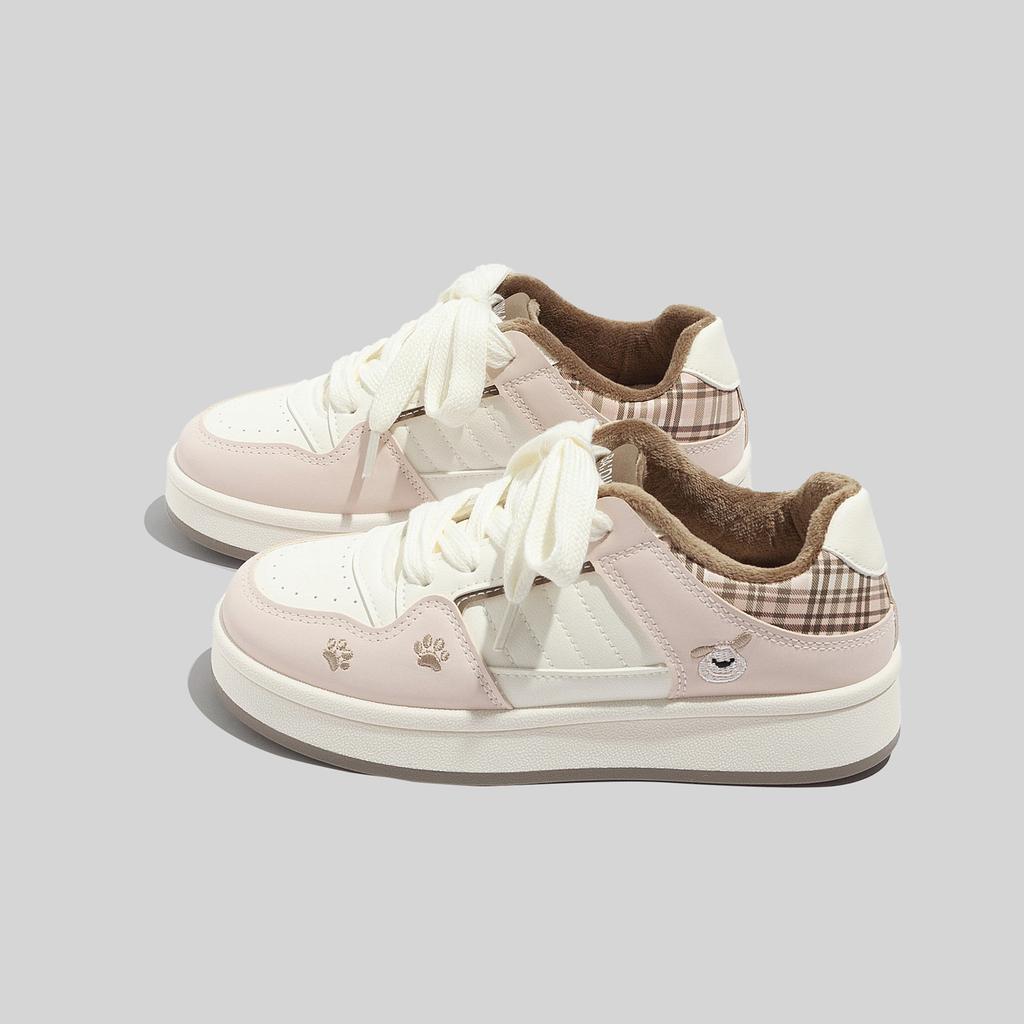 Thick-soled Fleece-lined White Sneakers for Women Niche Design Casual and Warm Double-cotton Style