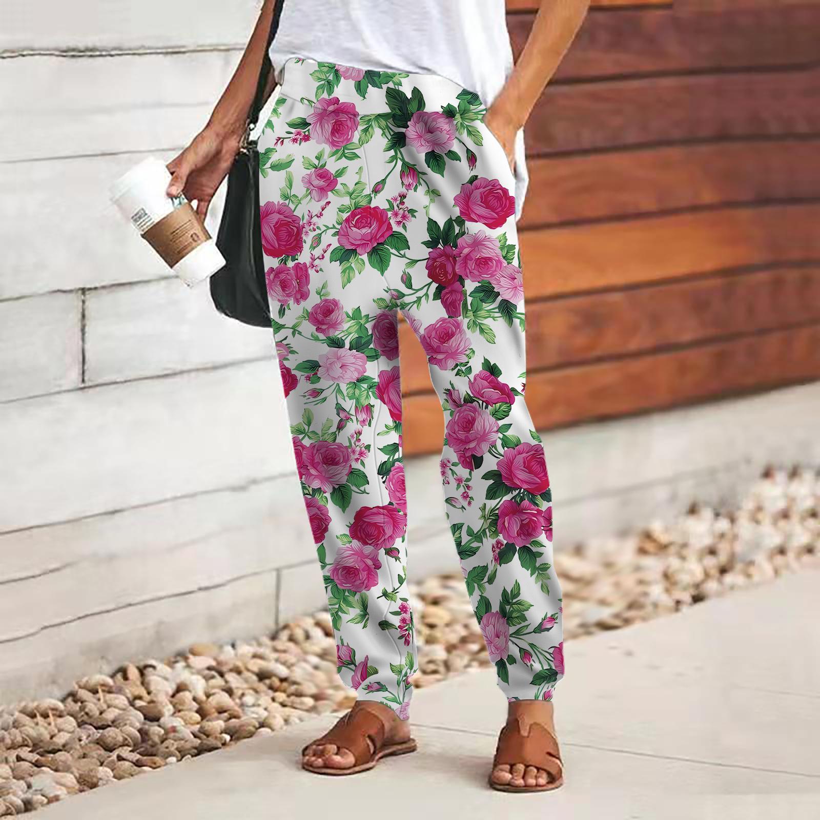 

Женские брюки с принтом розовых цветов 3D, свободные брюки со шнуровкой и эластичным поясом, повседневные длинные брюки с карманами 8XL розовый