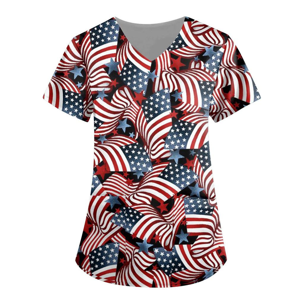 Women's Independence Day Print Short Sleeve V Neck Top Work Pocket Shirt