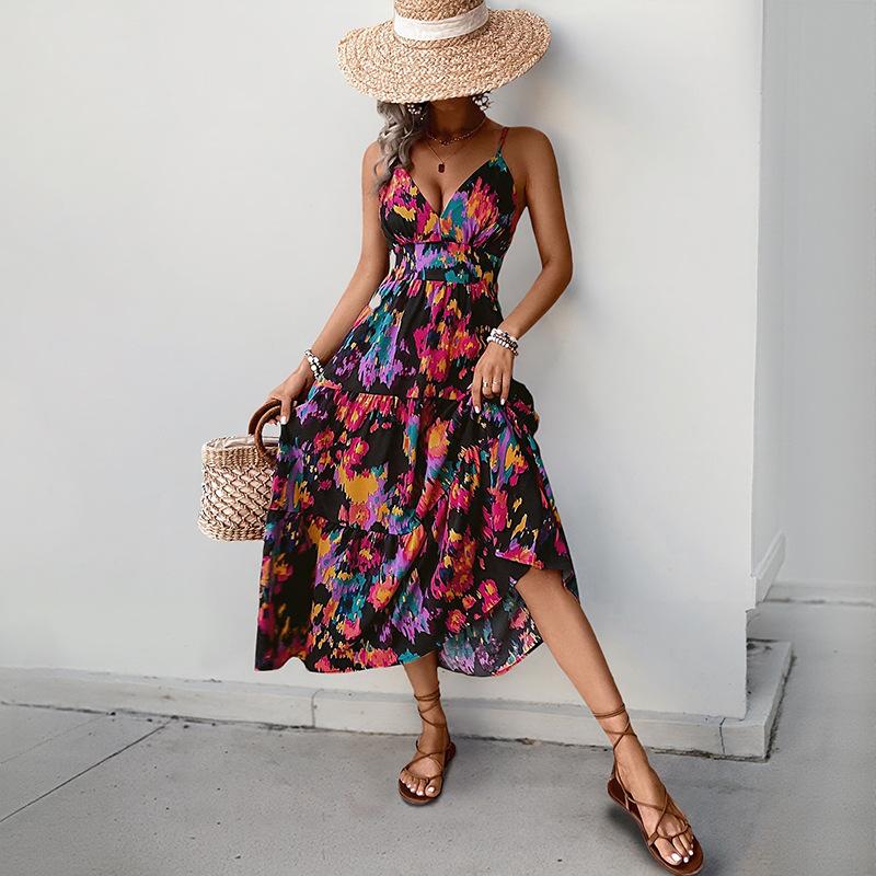 

Юбка с принтом А-силуэта длинная юбка с разрезом платье на бретелях с открытой спиной XL чёрный