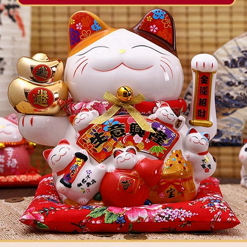 10.2 Inch Large Lucky Cat Statue Maneki Neko Ornament Ceramic Beckoning Cat with Movable Arm Porcelain Fortune Cat Figurine