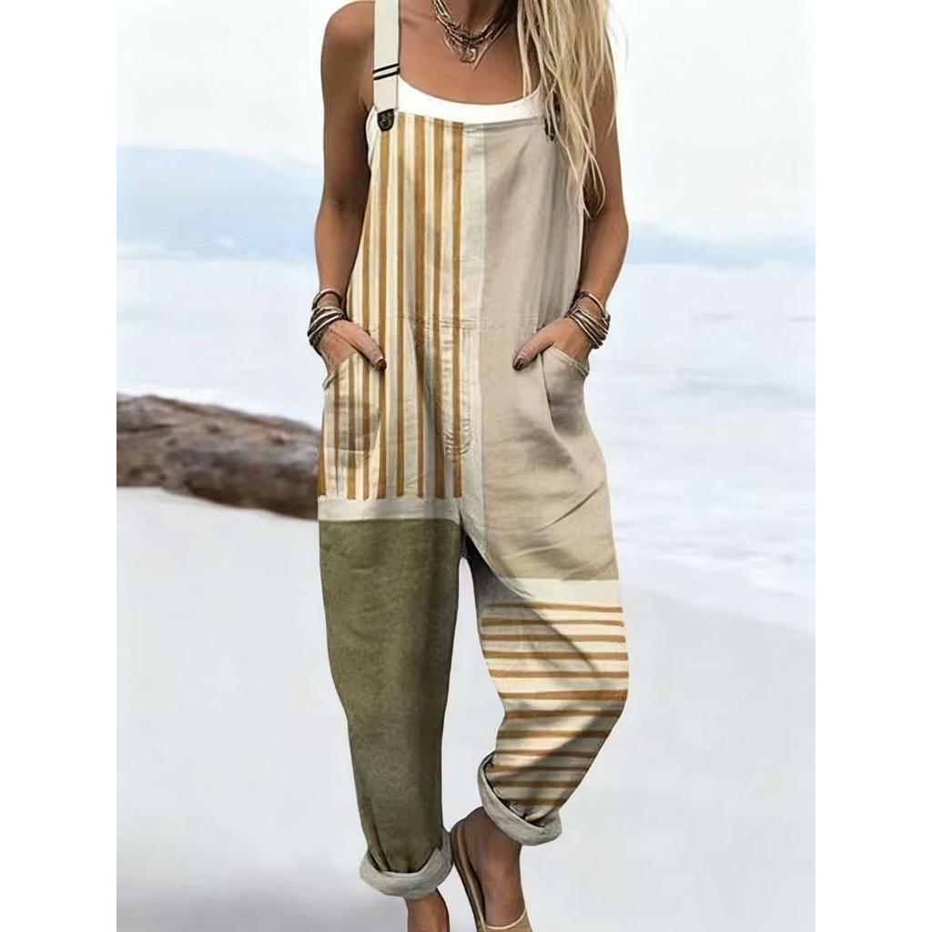 Women's Sleeveless Mid Rise 3D Digital Print Loose Casual Overalls Jumpsuit For Summer