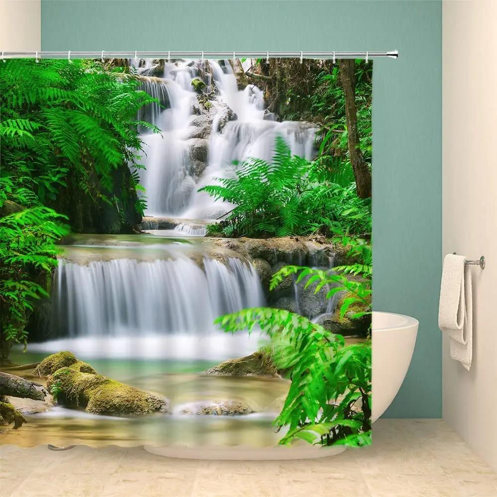 Landscape Waterfall Shower Curtain Tropical Jungle Plant Water Green Waterproof Curtains Nature Scenery Bathroom Decor Set Hooks