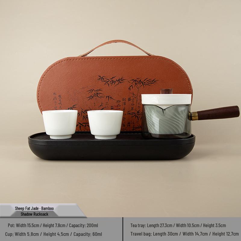 Sheep Fat Jade Portable Ceramic Tea Set - One Pot, Two Cups, Travel-Friendly Souvenir.
