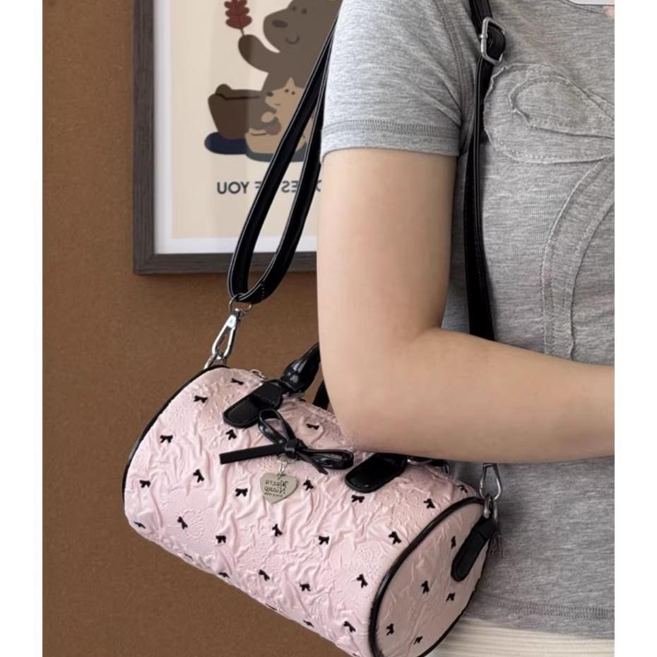 Sweet Bow Seersucker Boston Bag Women's Korean Sweet Girl Handbag Versatile Shoulder Messenger Bag