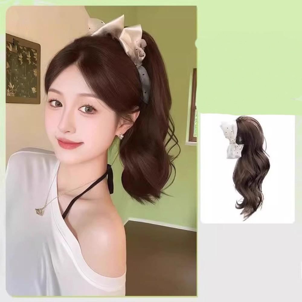 Synthetic Women's Simulation Wavy Curl Playful Braided Bow Clip-on Ponytail Wig Hair Extensions 35CM