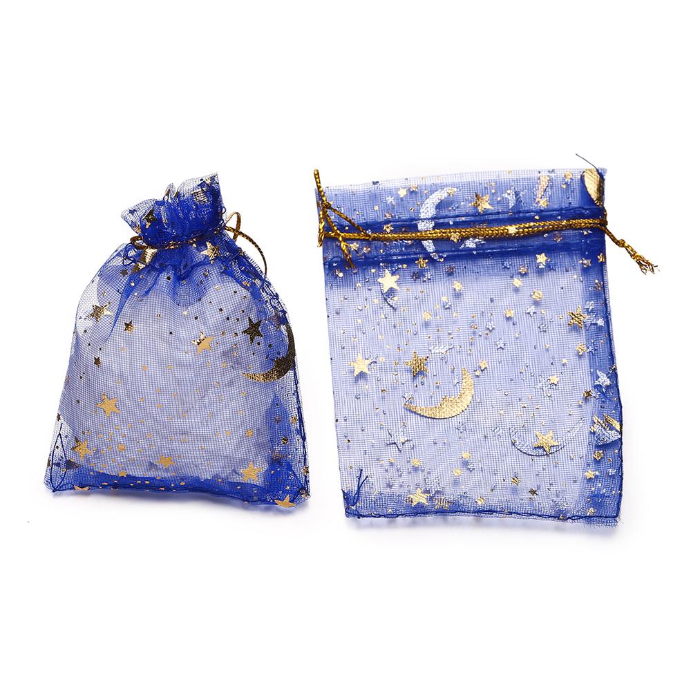 50pcs/Lot 7x9 9x12 10x15 13x18cm Printing Star Moon Christmas Organza Sack Drawstring Charm Packaging Bags Daily Jewelry Making