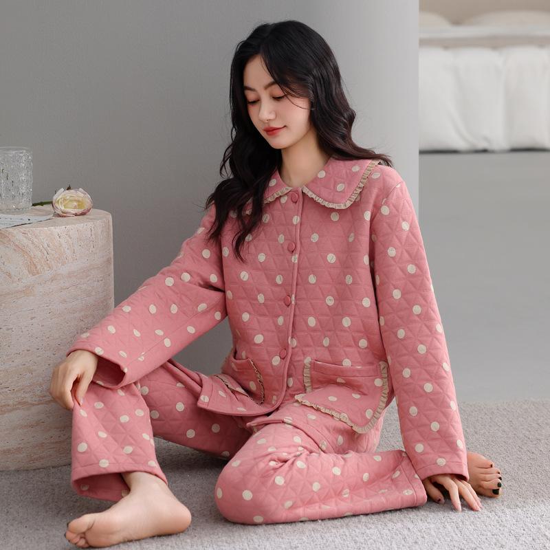 Air Cotton Pajamas Women'S Pure Cotton Long Sleeves Autumn And Winter Thickened Warm Interlayer Large Size Polka Dot Mother Loungewear