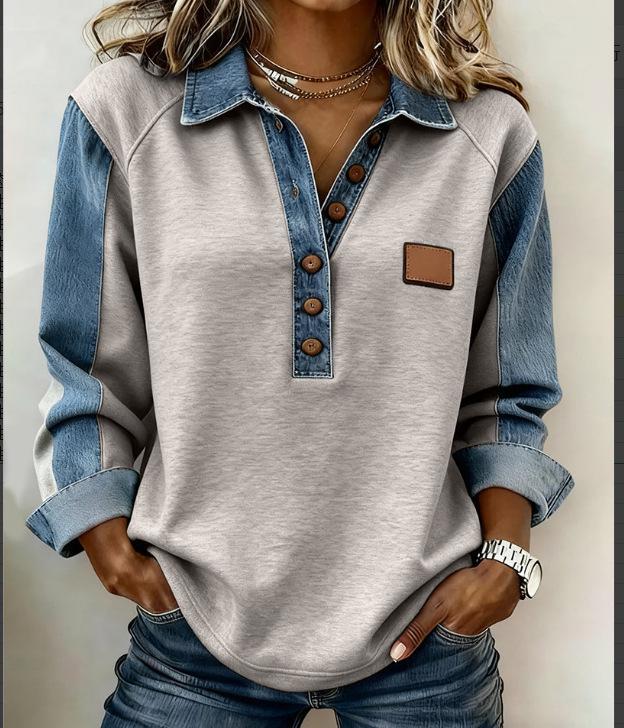 2025 European Style Knit Lapel Long Sleeve Women's Shirt - Versatile Casual Patchwork Denim for Autumn/Winter