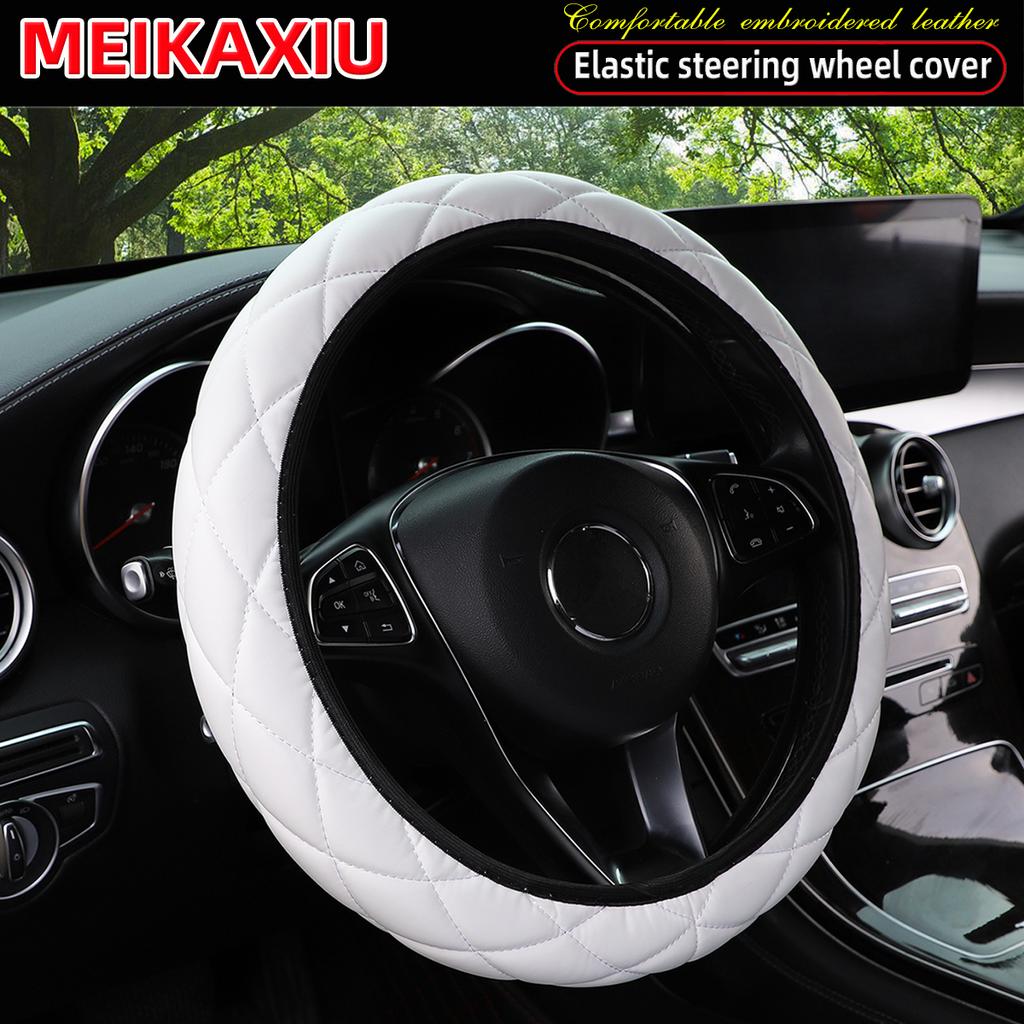 1 artificial comfort fine grained soft PU leather embroidered three-dimensional stretch car steering wheel cover for 14.5-15 in