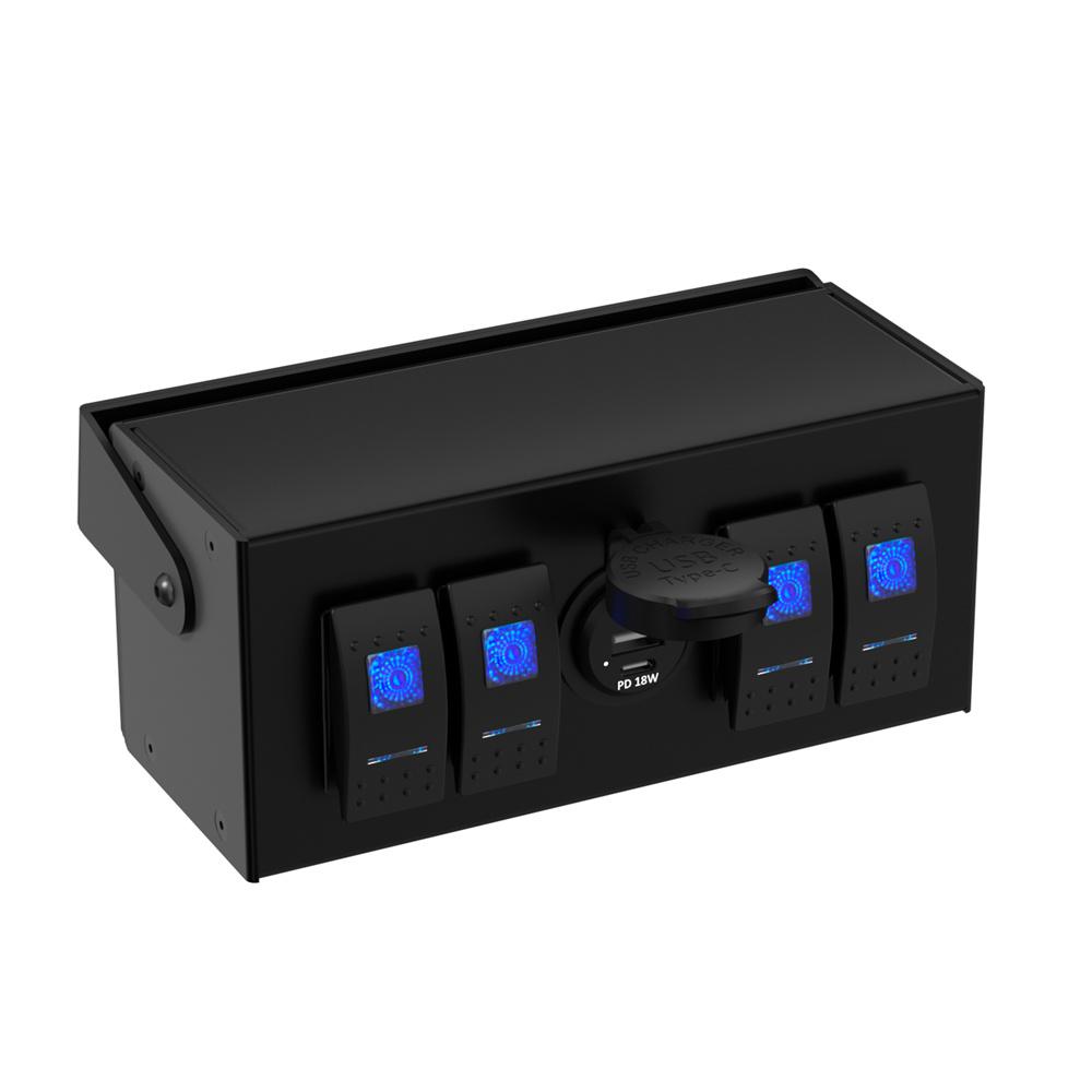 4 Gang Rocker Switch Box 12V/24V ON Off Switch QC3.0+PD 18W USB Charger for Boat Car RV Truck