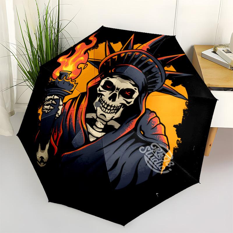 1pc Liberty, Death SkullAutomatic Folding Umbrella, Portable Collapsible Design, Casual Outdoor Accessory, for All Seasons017