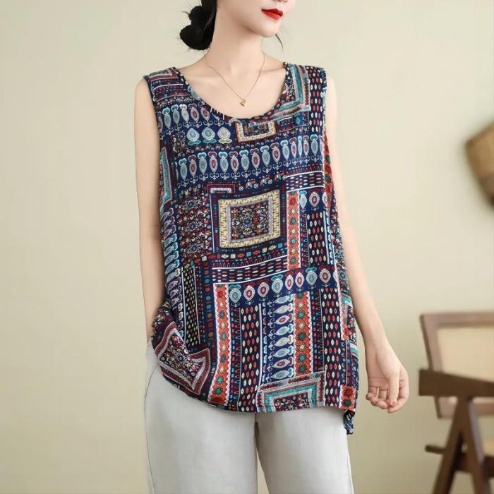 New Summer Large-size Women's Vest Ice Silk Wrinkled Loose Belly Covering Bottom Shirt Mother Wear Middle-aged and Elderly Round Neck Top