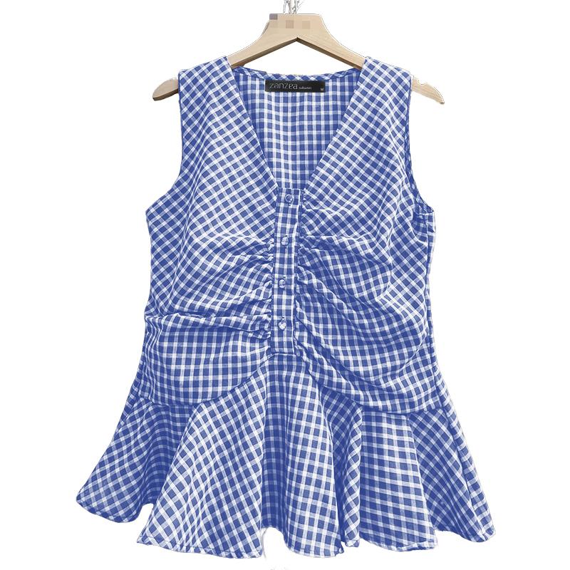 ZANZEA Women Casual V-Neck Summer Plaid Print Tank Tops